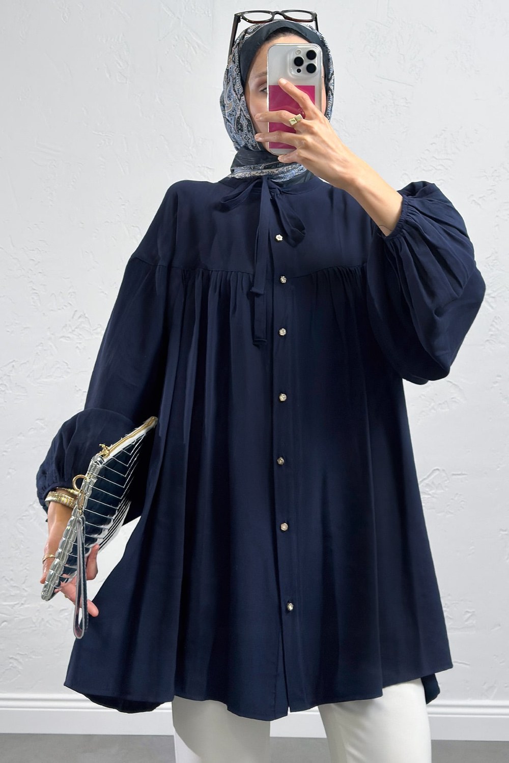 Yaka Bağcıklı Biritli Tunik 0083 - Lacivert