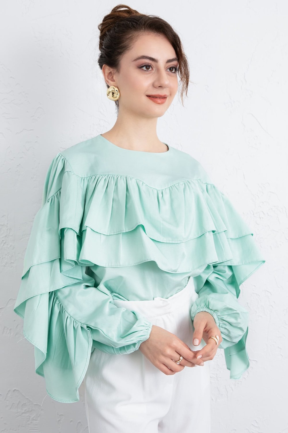 Volan Detay Bluz 0087 - Mint Yeşili