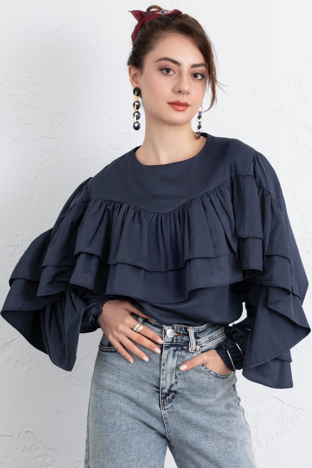 Volan Detay Bluz 0087 - Lacivert