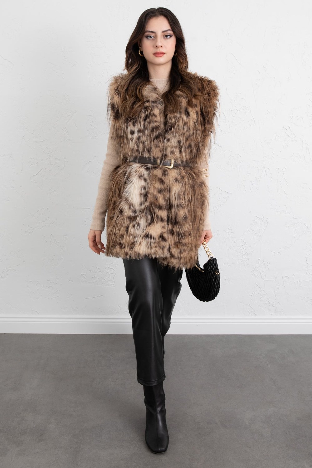 Leopar Desen Kemerli Yelek 8954 - Kahverengi