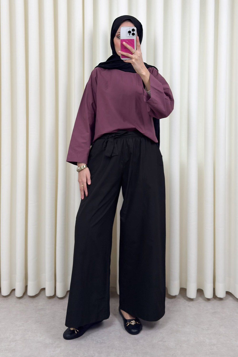 Kuşaklı Bol Paça Pantolon 0068 - Siyah