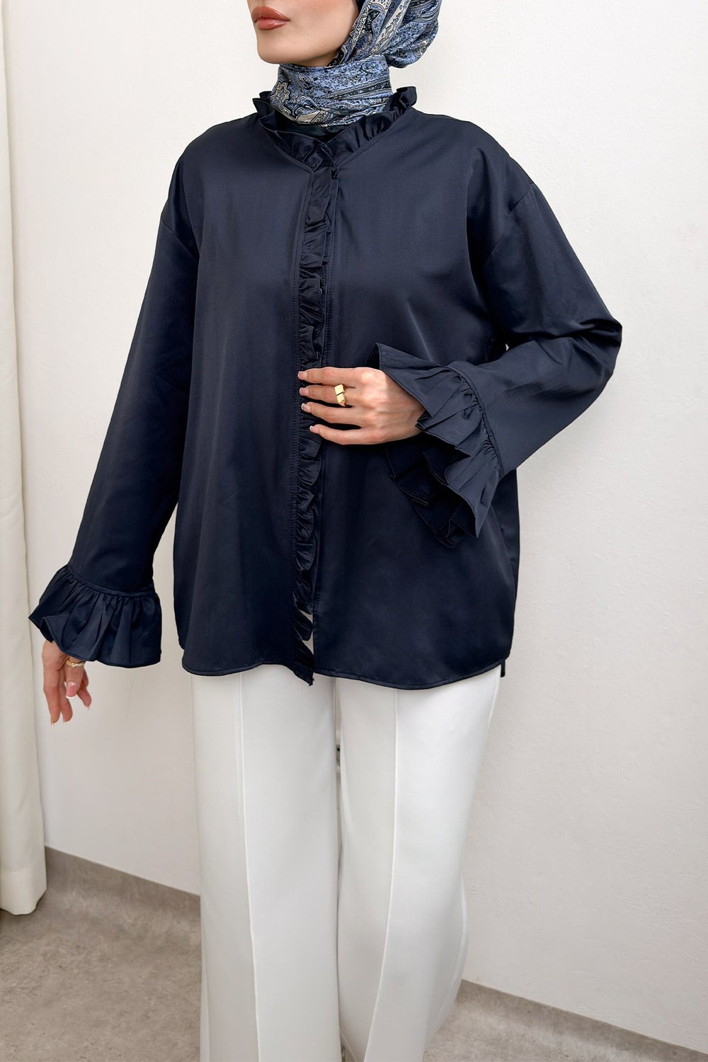 Fırfır Detaylı Oversize Gömlek 0057 - Lacivert