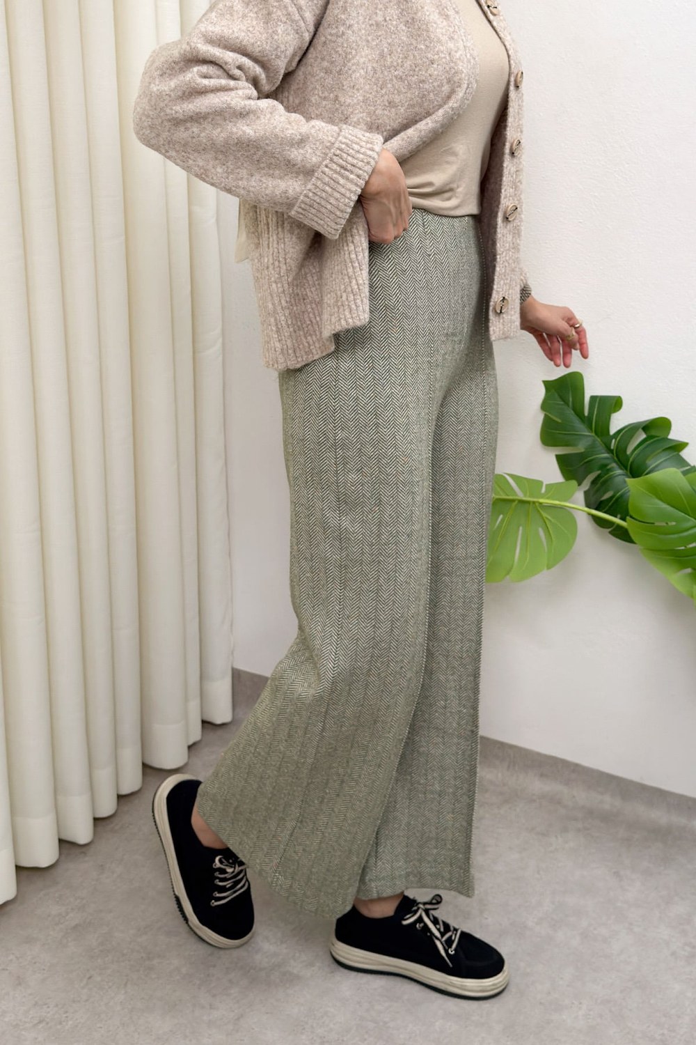 Kaşe Balıksırtı Desenli Pantolon 0055 - Açık Haki