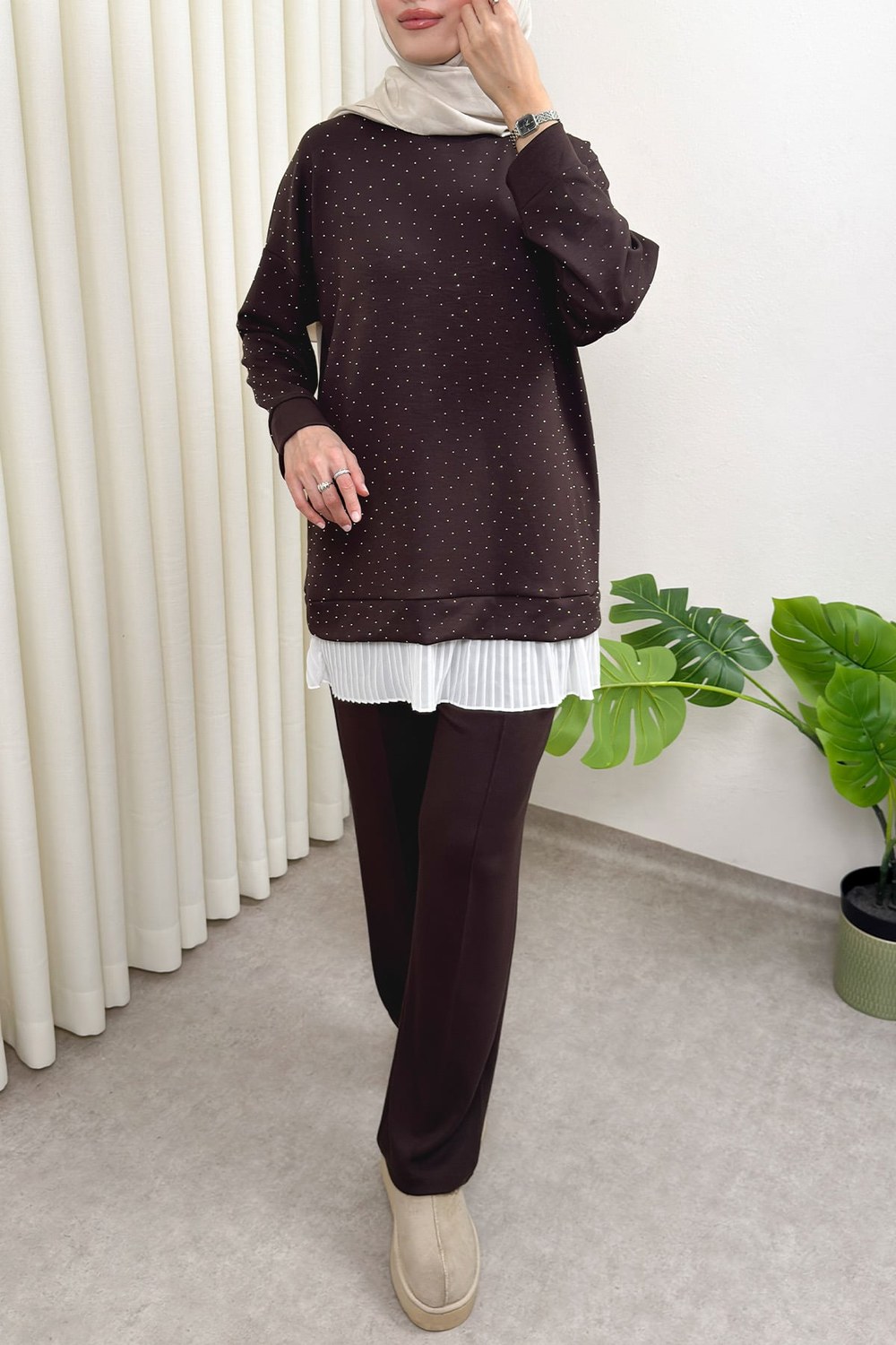 Altı Pliseli Tunik Takım 58122 - Kahverengi