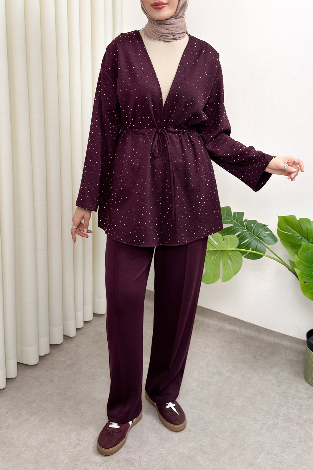 Taş Detaylı Bağcıklı Kimono Takım 51712 - Bordo