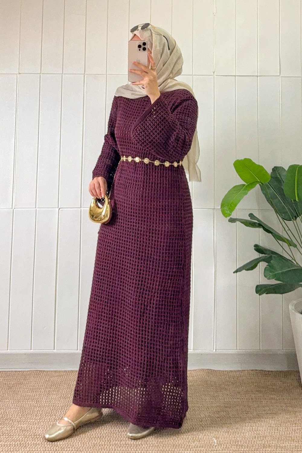 Ajurlu Triko Elbise 070336 - Bordo