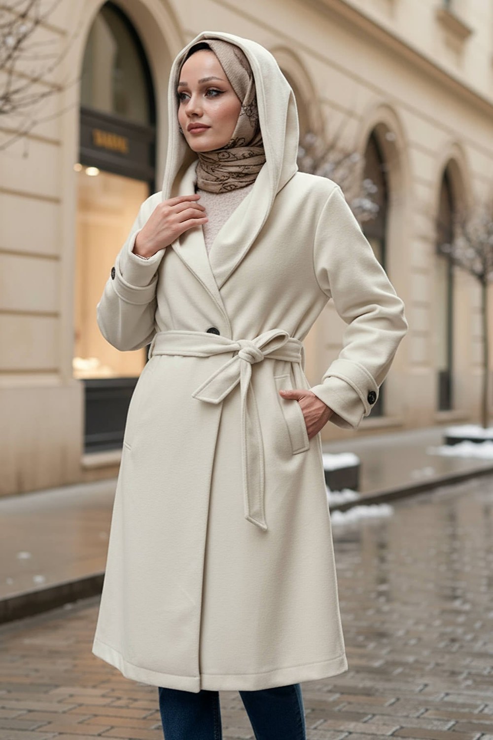 Kapüşonlu Kaşe Kaban 0027 - Taş Rengi
