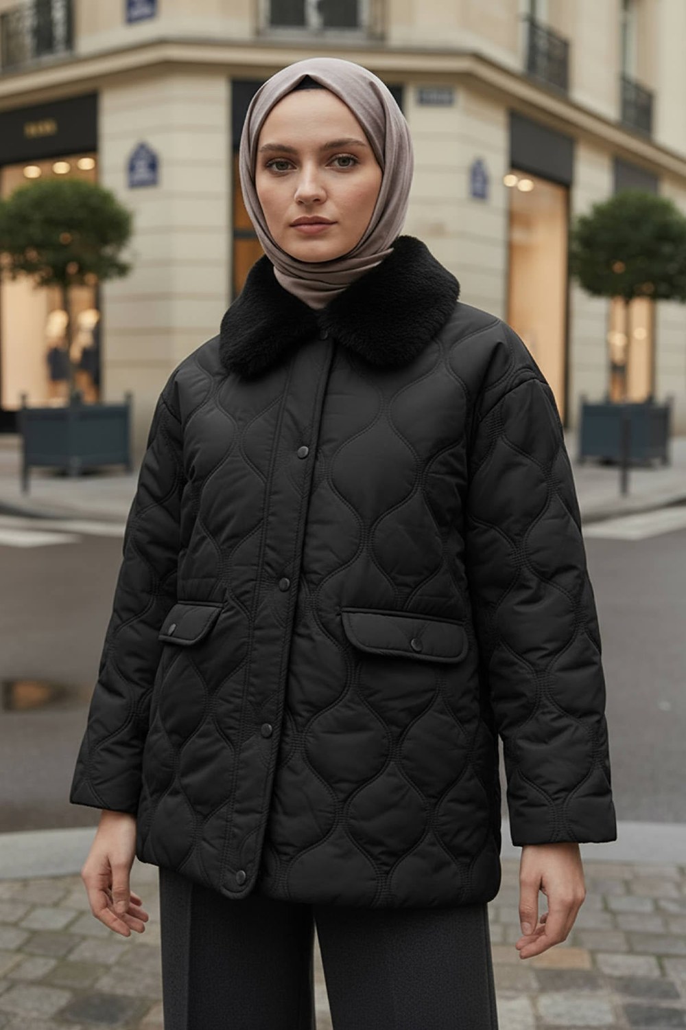 Yakası Kürklü Şişme Mont 5904 - Siyah