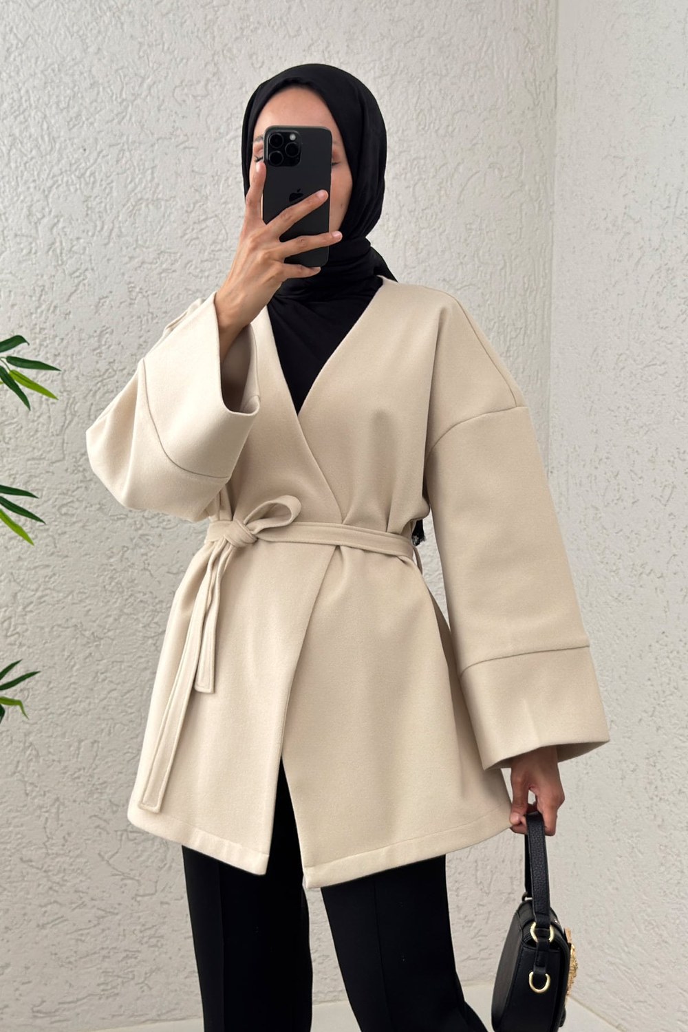 V Yaka Kaşe Kaban 0013 - Ekru