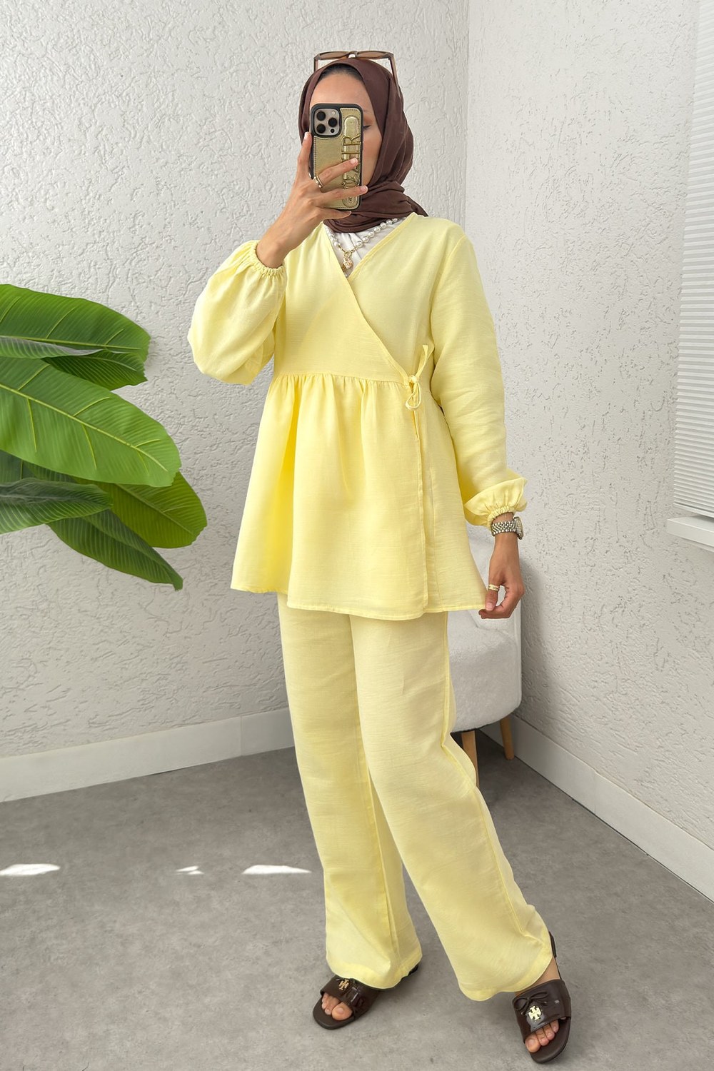 Çapraz Bağlamalı Kimono Takım 43457 - Sarı