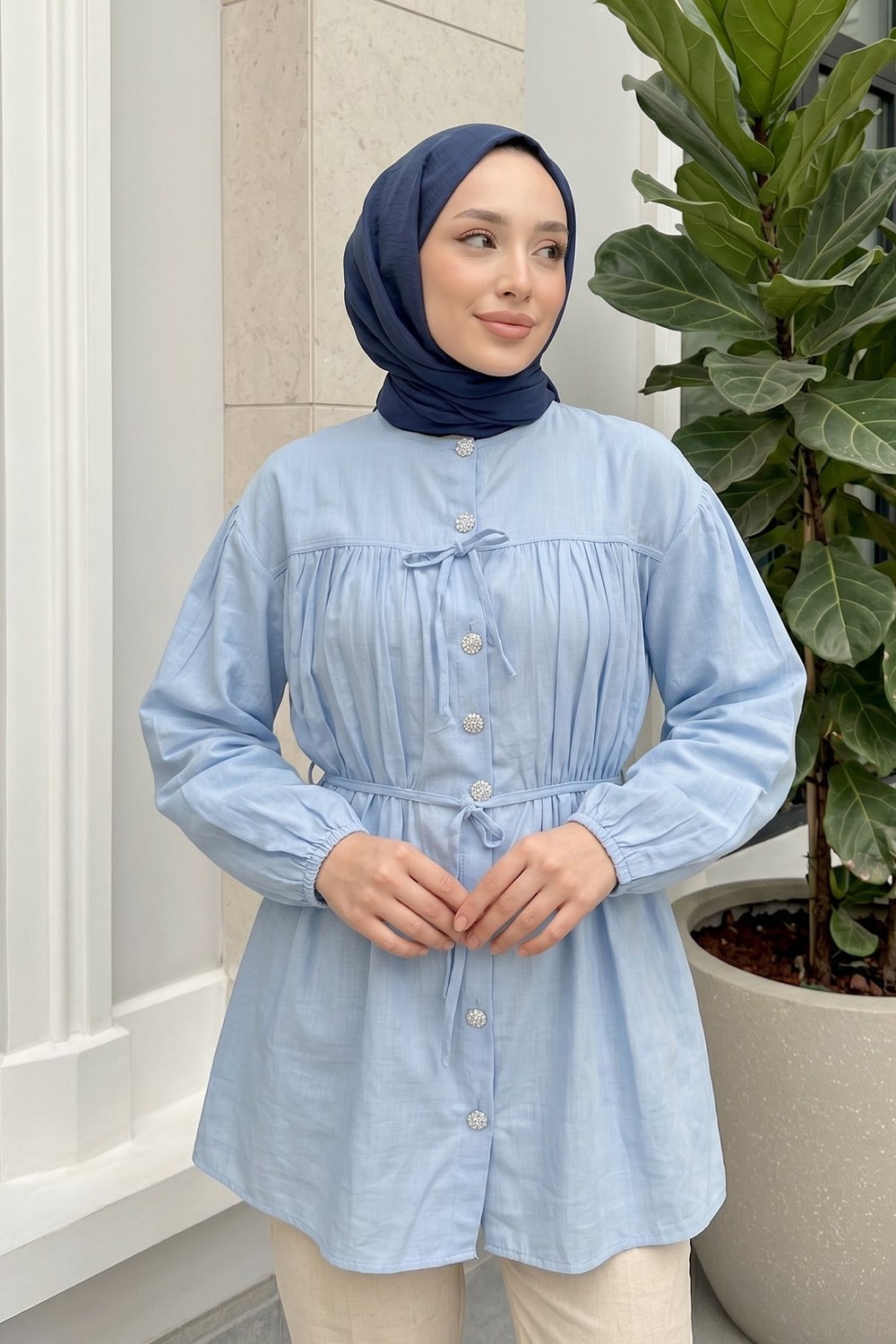 Büzgü Detaylı Bağcıklı Tunik 2366 - Bebe Mavisi