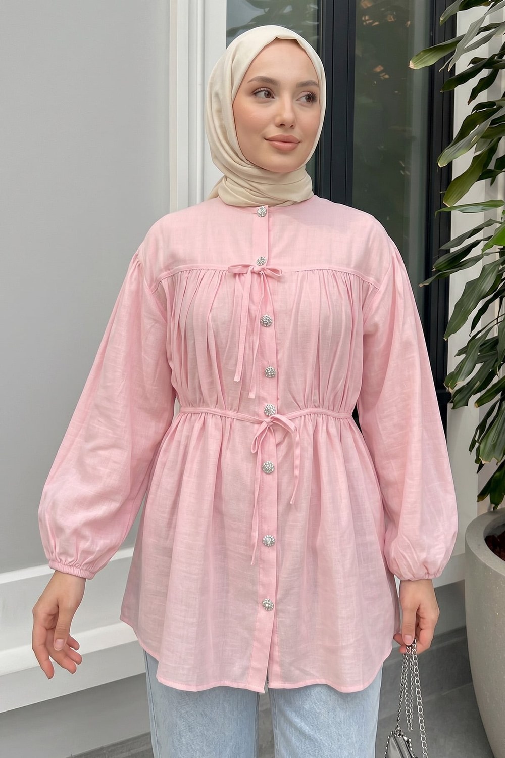 Büzgü Detaylı Bağcıklı Tunik 2366 - Pembe