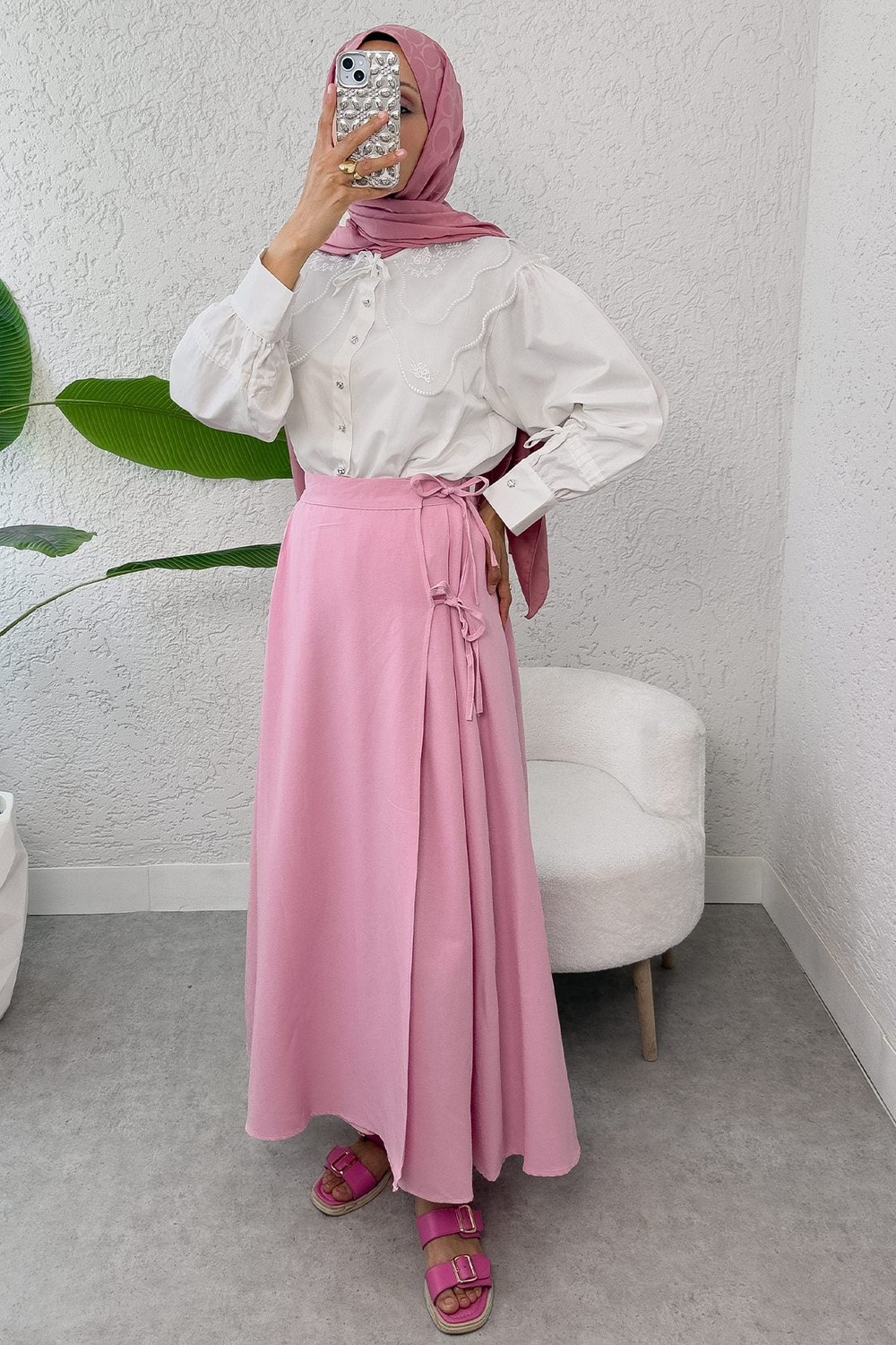 Tek Parça Çapraz Bağlamalı Etek 2356 - Pembe