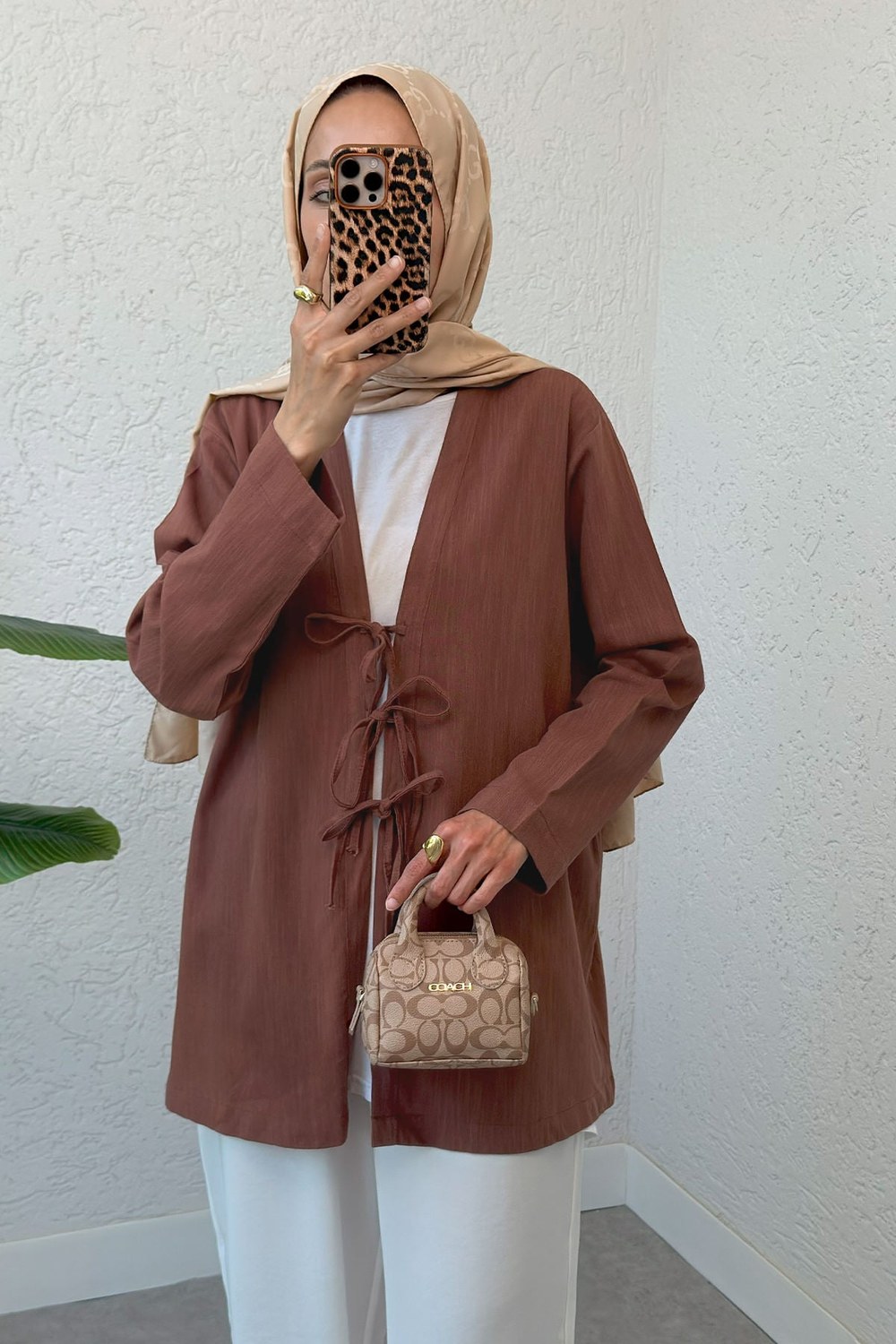 Üç Bağcıklı Tesettür Kimono 2339 - Kahverengi