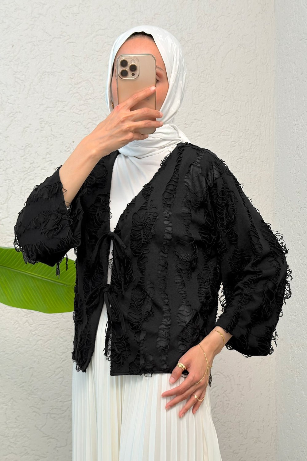 Yırtık Püsküllü Kimono 2314 - Siyah