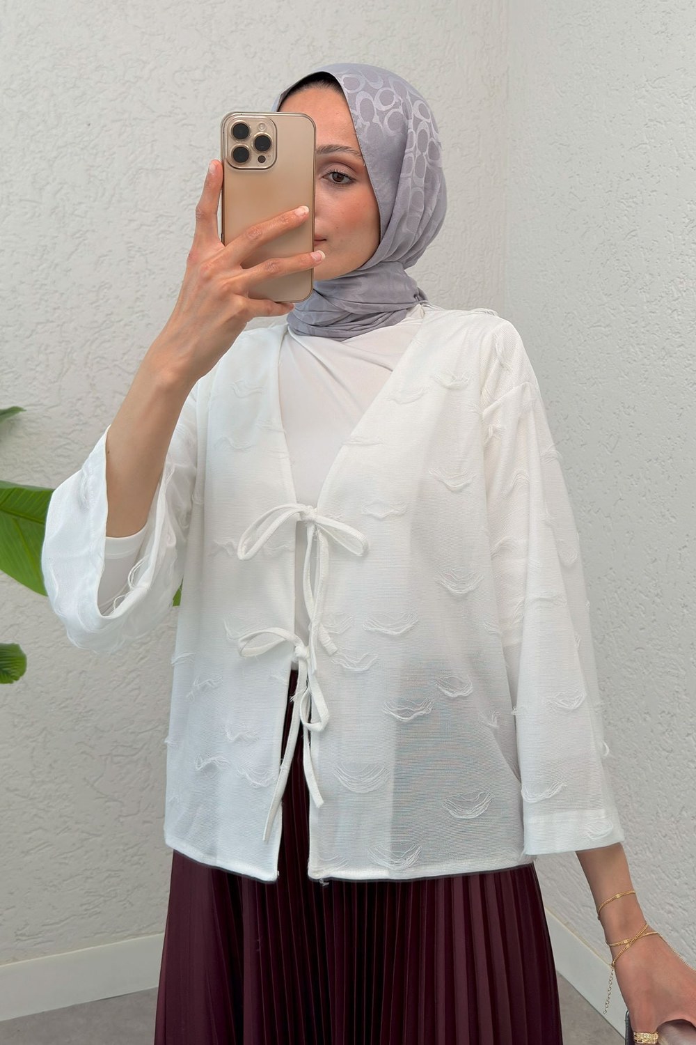 İp Bağcıklı Püsküllü Kimono 2315 - Beyaz