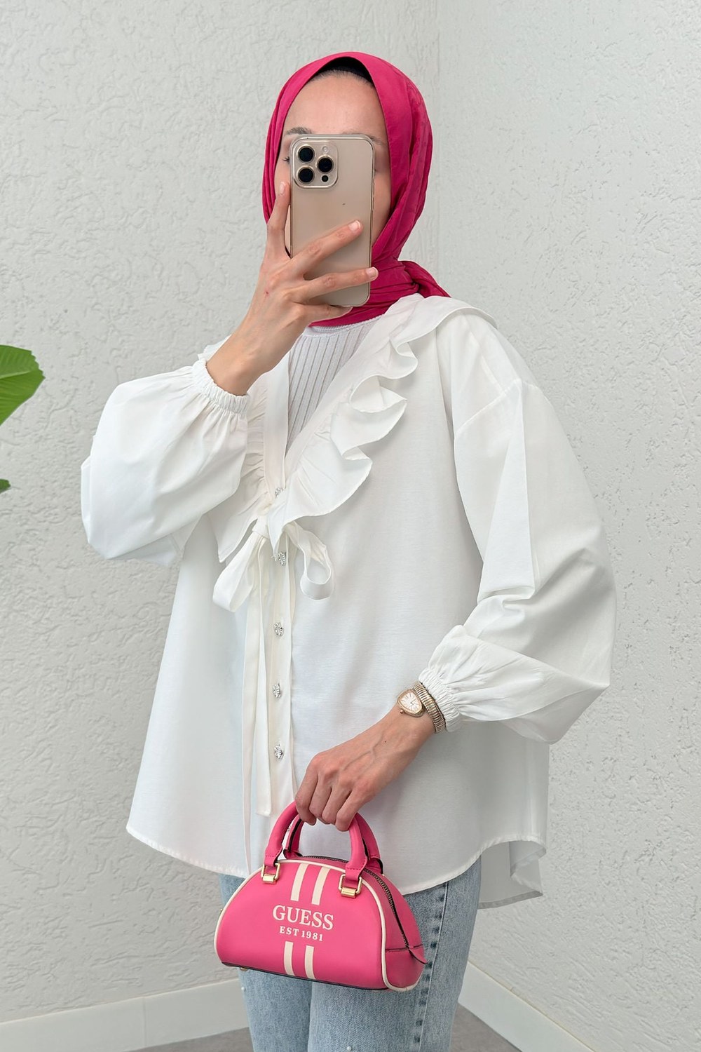 Degaje Yaka Fırfırlı Tunik 2296 - Beyaz