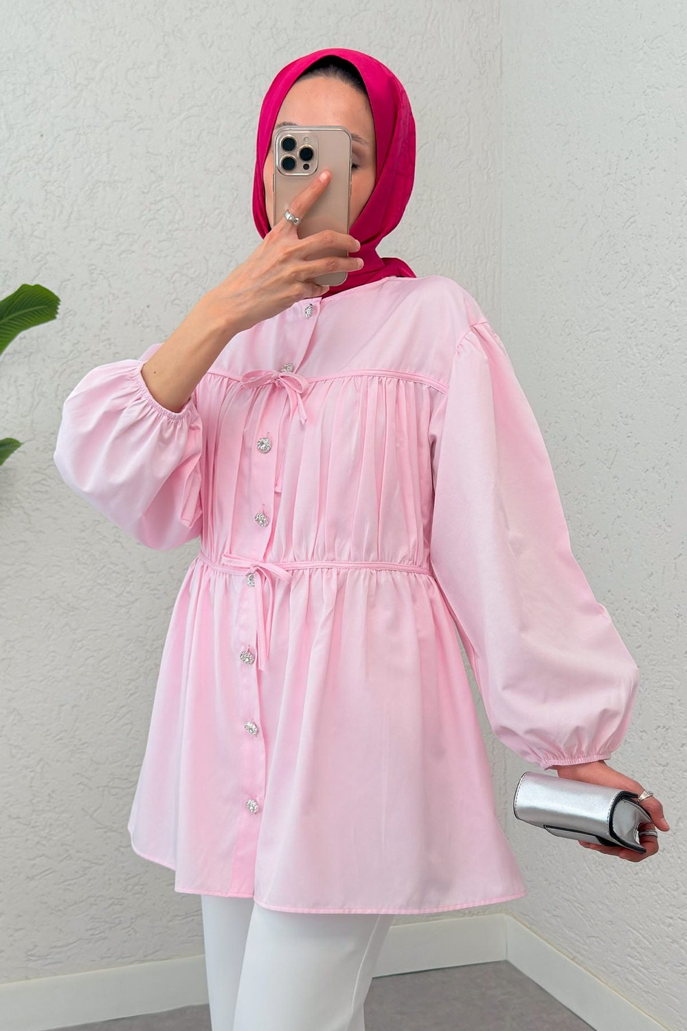 Büzgülü Bağcıklı Tunik 2252 - Pembe