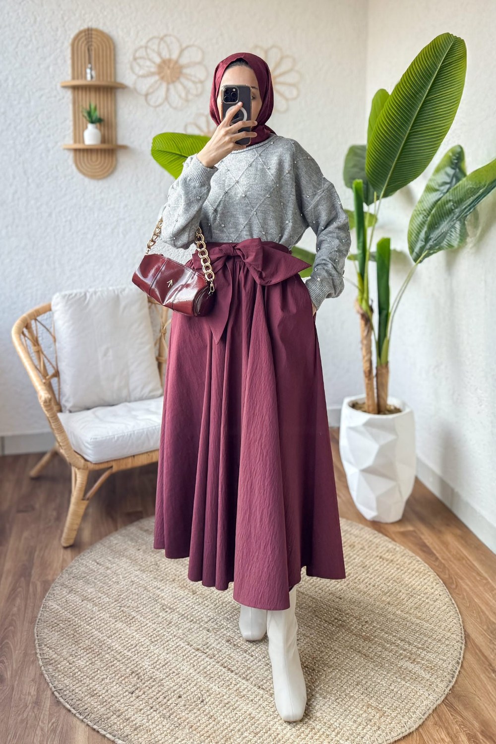Fiyonk Detaylı Kloş Etek 2197 - Bordo