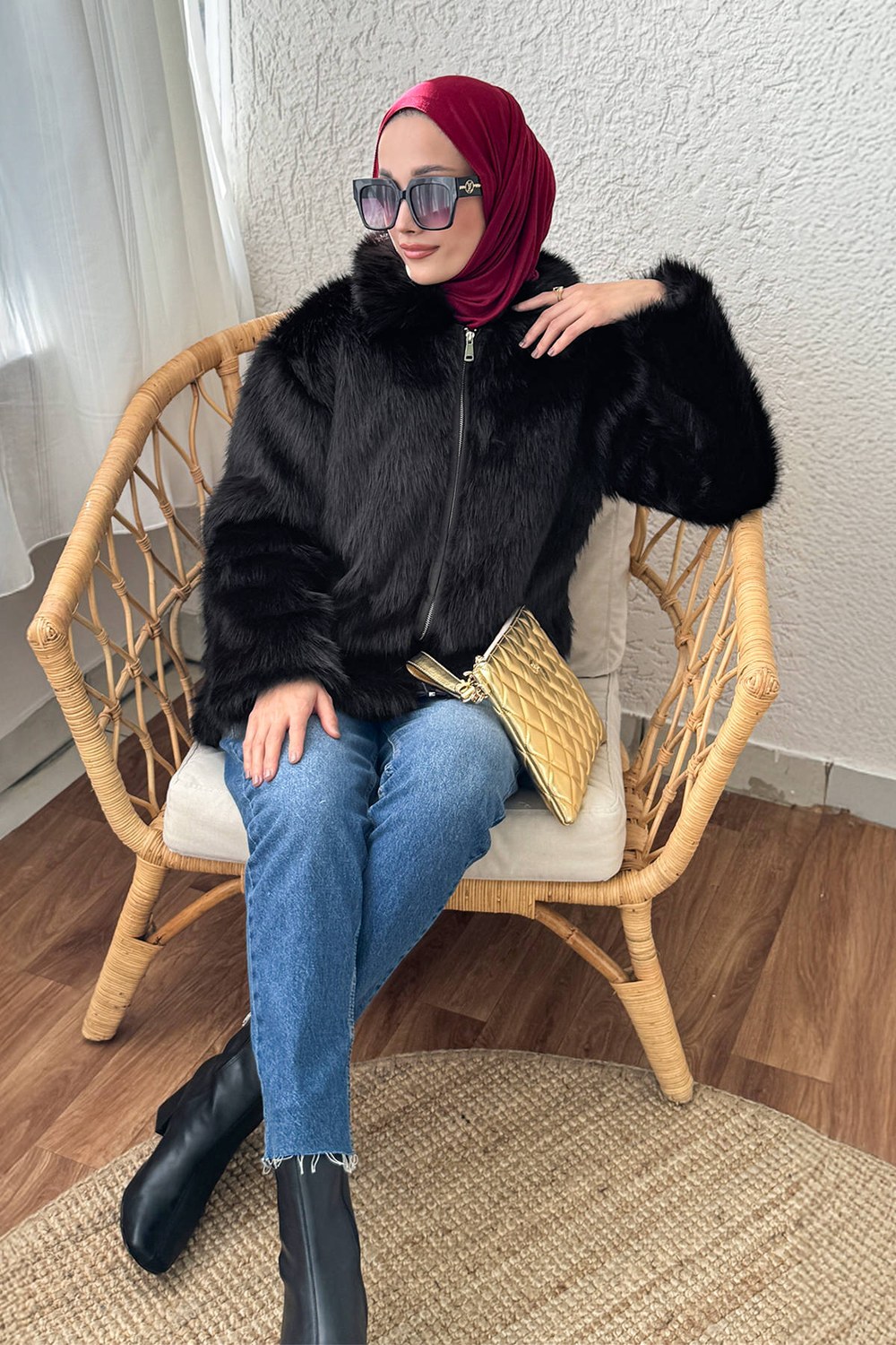 4107 Suni Kürk Mont - Siyah