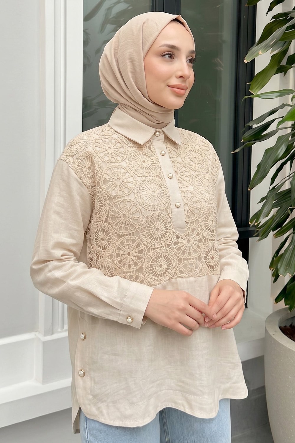 Önü Dantel Detaylı Tunik 61640 - Bej