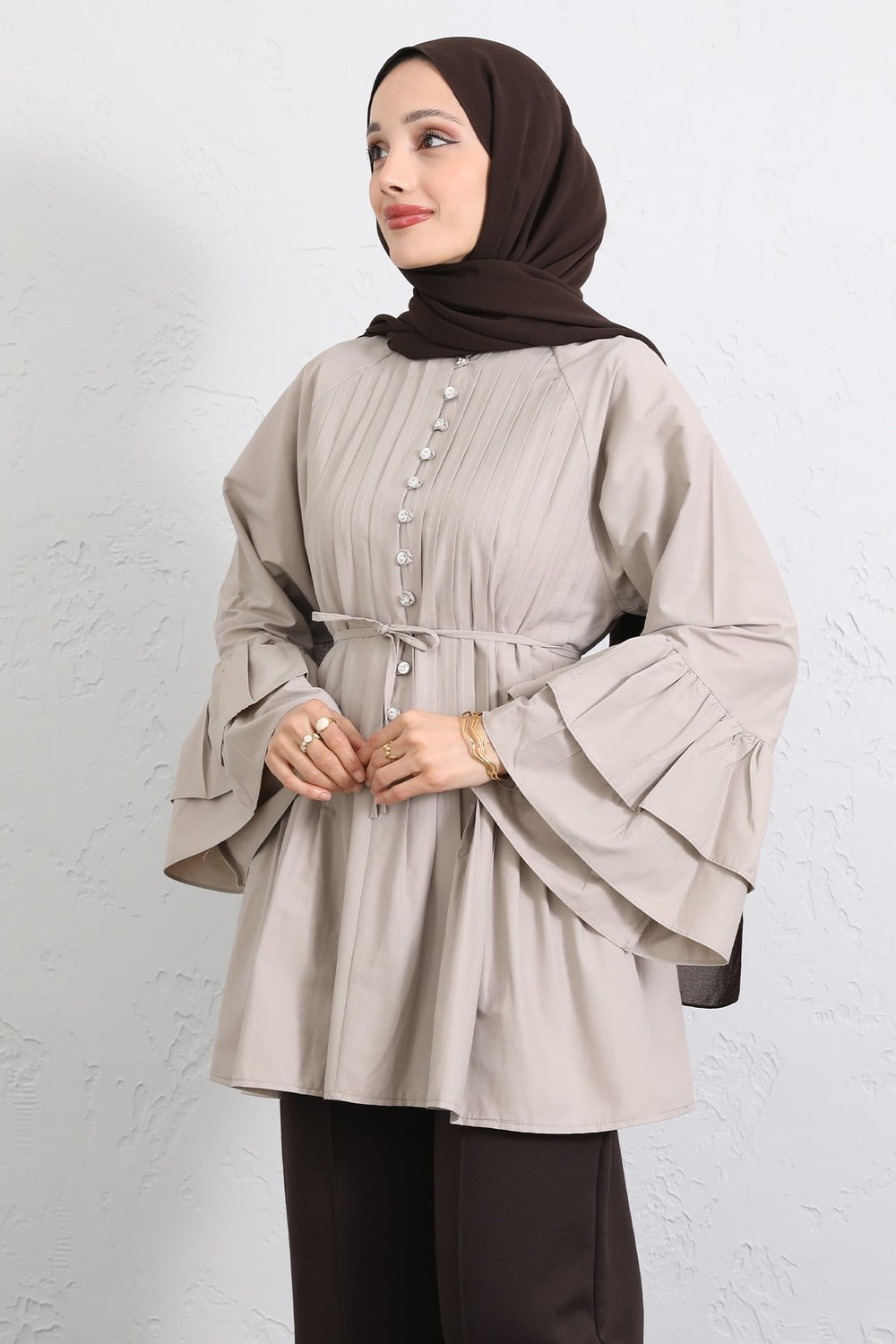 Volan Kollu Nervürlü Tunik Y0104 - Taş Rengi