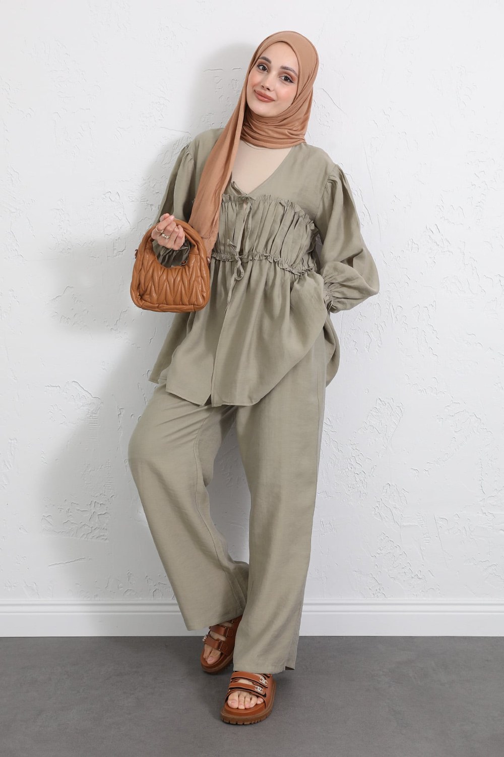 Önü Büzgülü Kimono Takım Y0102 - Haki