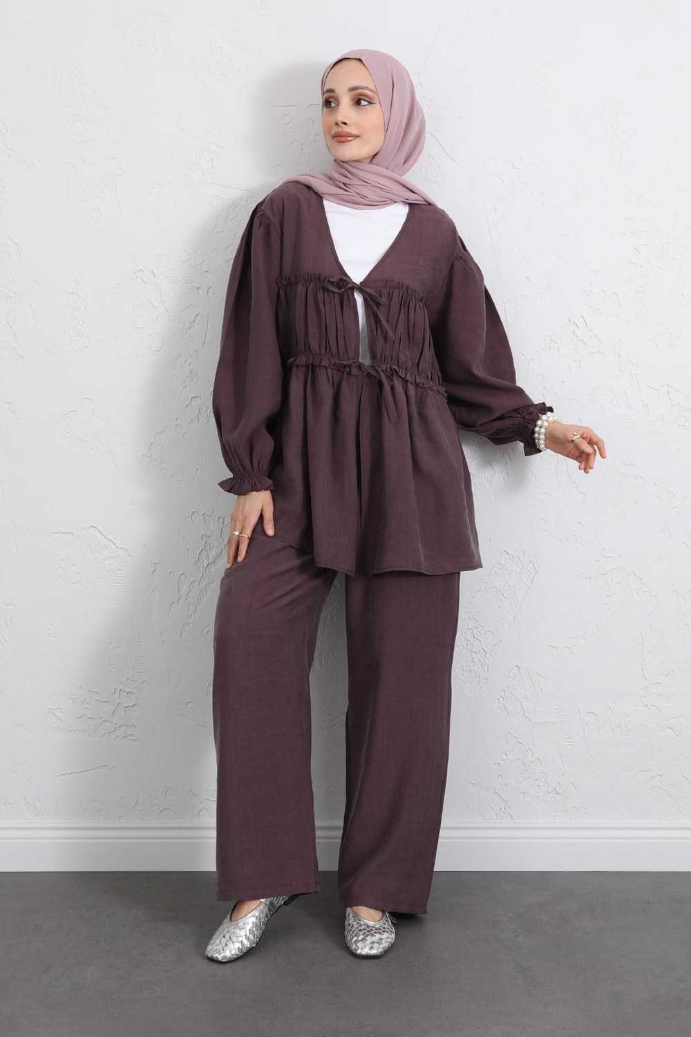 Önü Büzgülü Kimono Takım Y0102 - Mürdüm