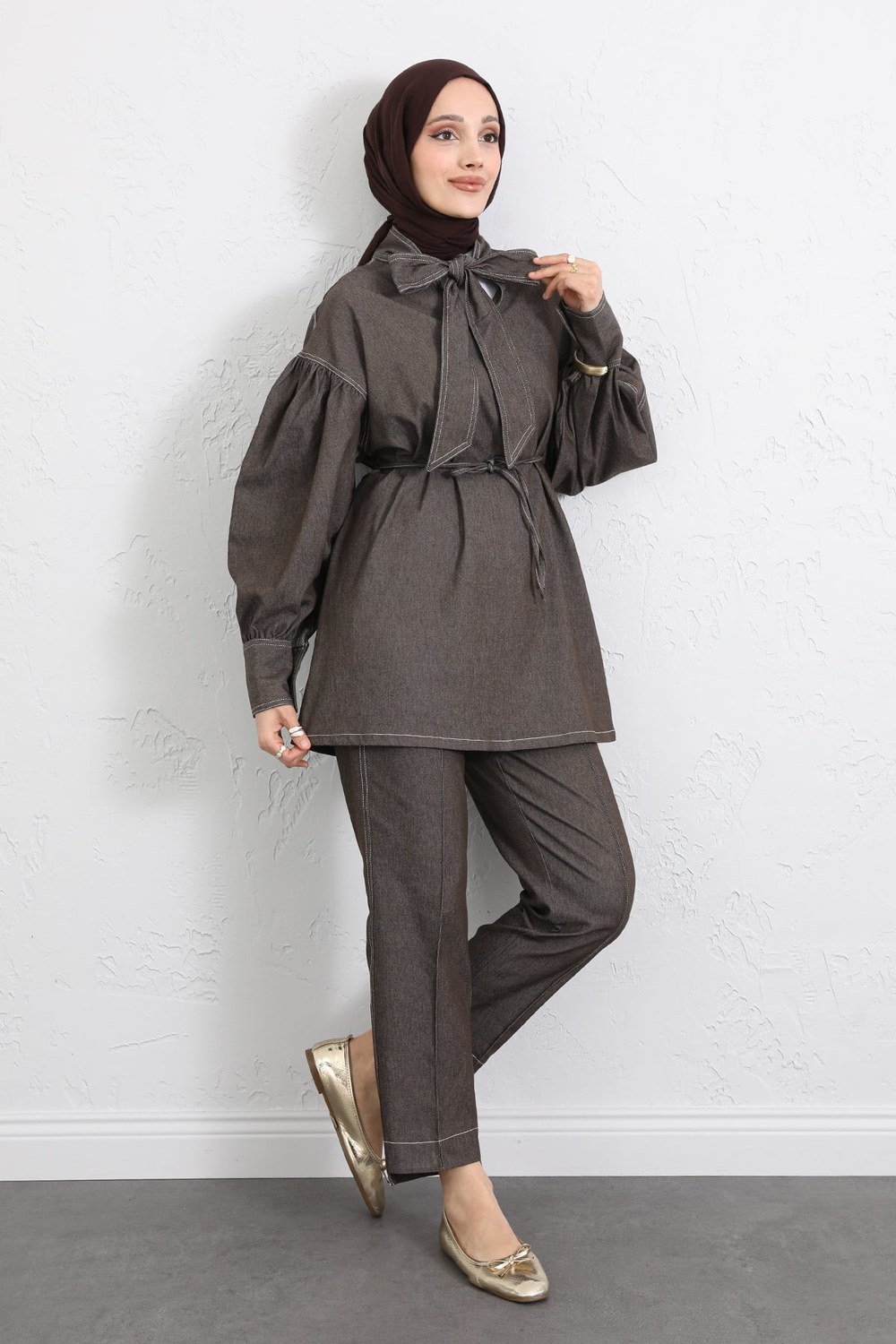 Yaka Bağlamalı Denim Takım Y0114 - Kahverengi
