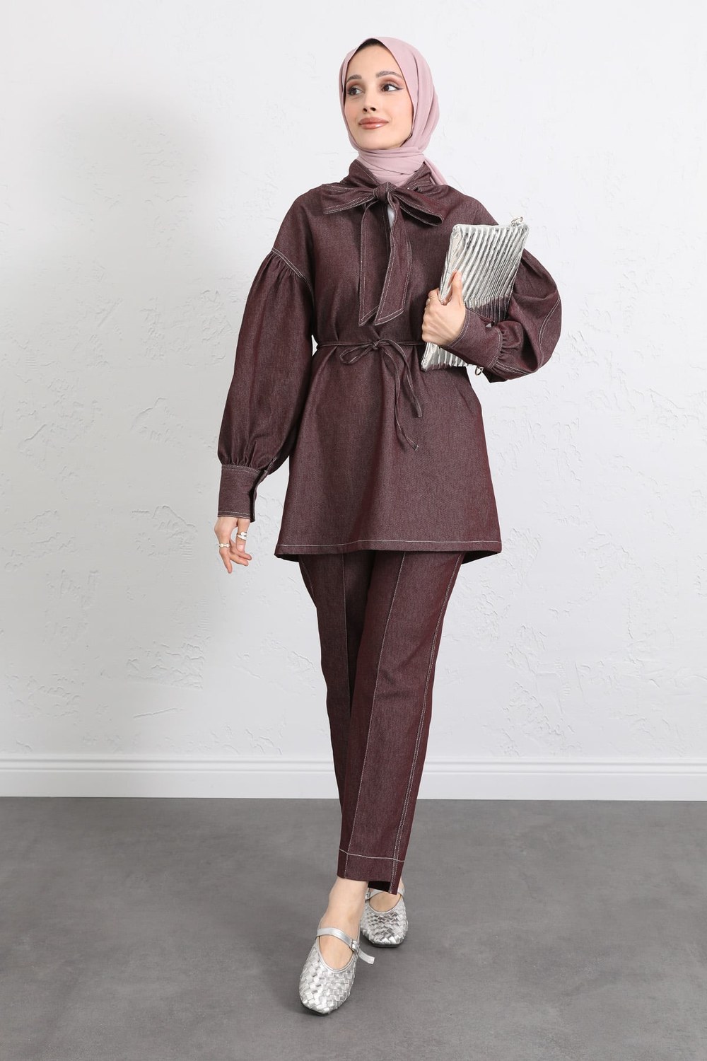 Yaka Bağlamalı Denim Takım Y0114 - Bordo