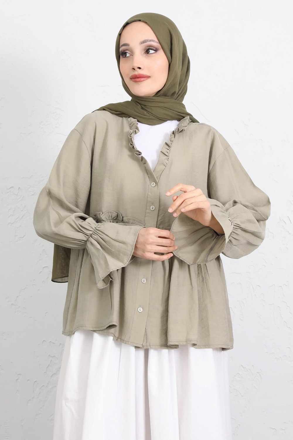Fırfır Yaka Peplum Gömlek Y0107 - Açık Haki