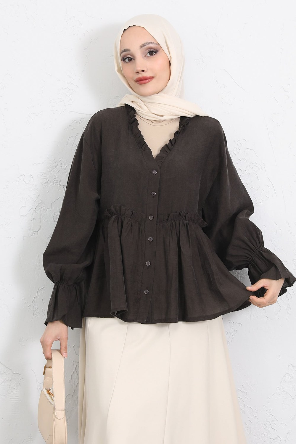 Fırfır Yaka Peplum Gömlek Y0107 - Kahverengi