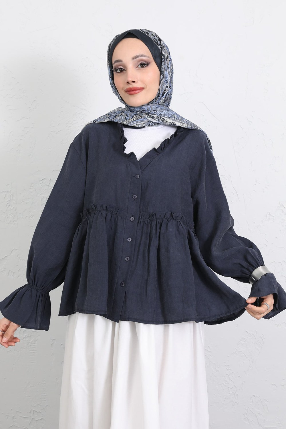 Fırfır Yaka Peplum Gömlek Y0107 - Lacivert