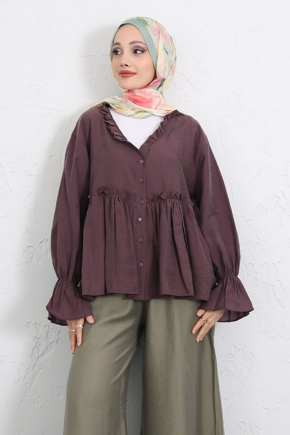 Fırfır Yaka Peplum Gömlek Y0107 - Mürdüm