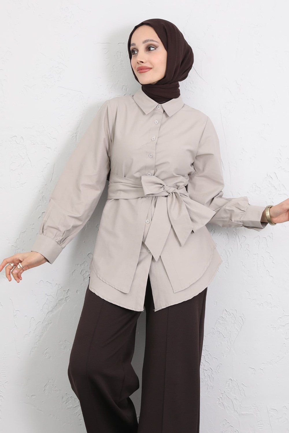 Çapraz Kuşaklı Gömlek Y0105 - Taş Rengi