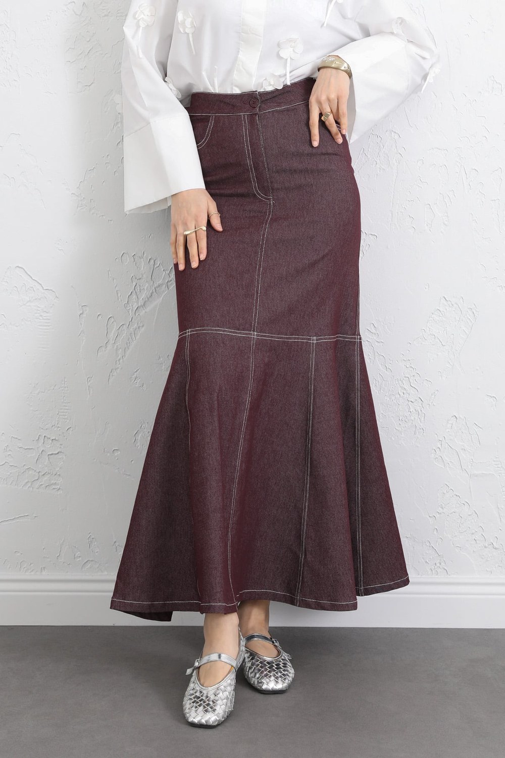 Kontrast Dikişli Denim Etek Y0115 - Bordo
