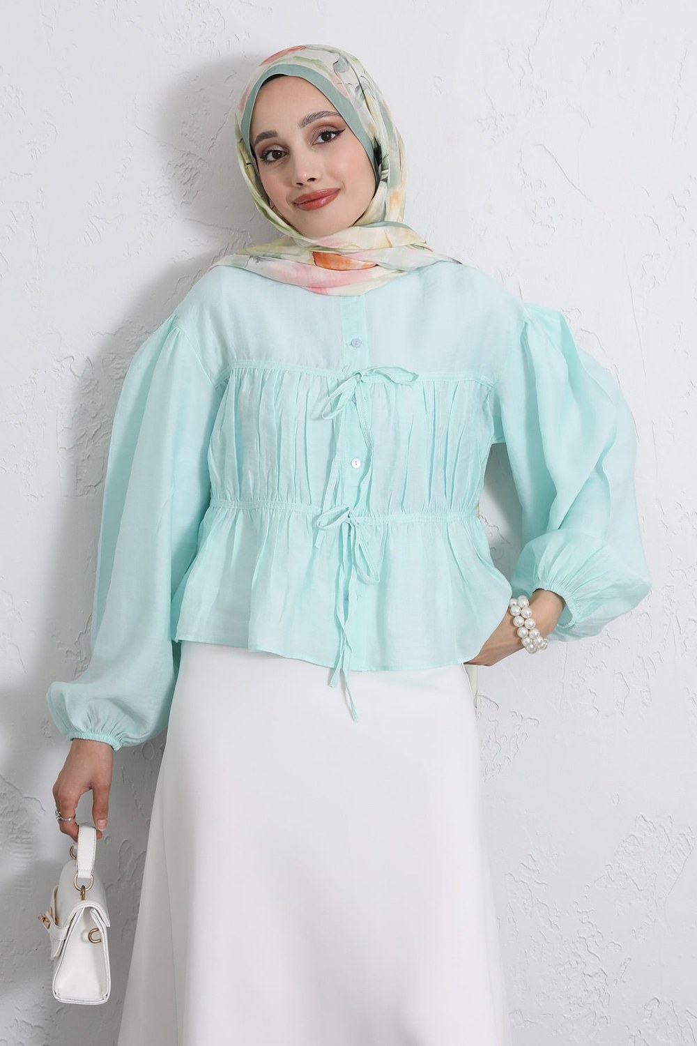 Çift Bağcıklı Büzgülü Gömlek Y0099 - Mint Yeşili