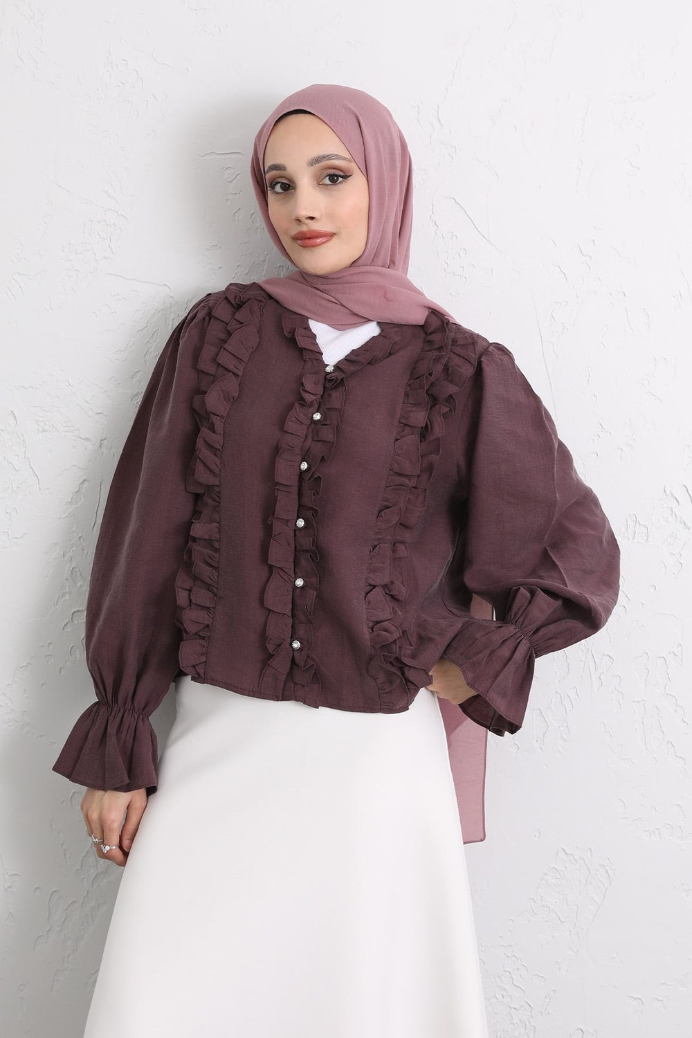 Şerit Fırfırlı Düğmeli Gömlek Y0096 - Mürdüm