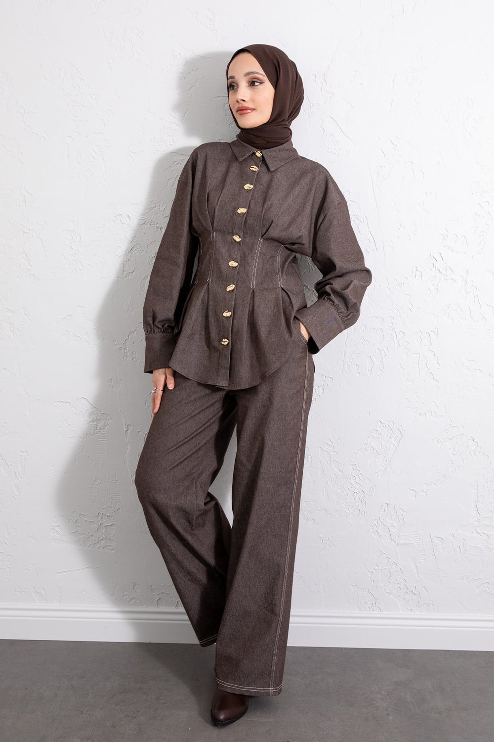 Belden Pileli Denim Takım Y0097 - Kahverengi