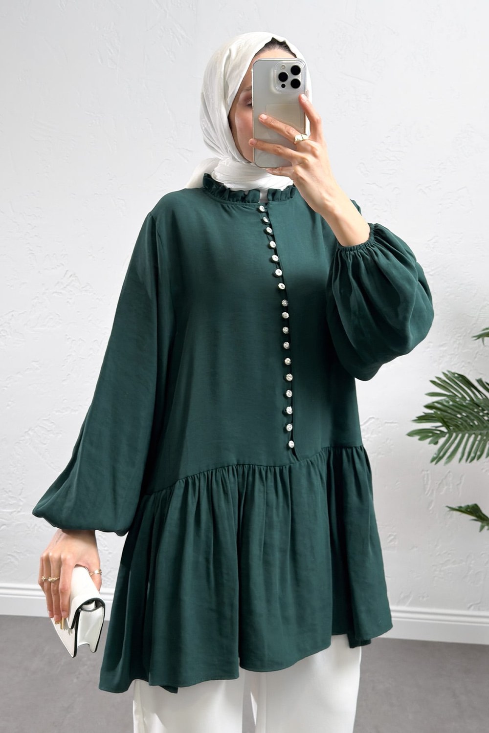 Brit Düğmeli Peplum Tunik Y0082 - Zümrüt Yeşili