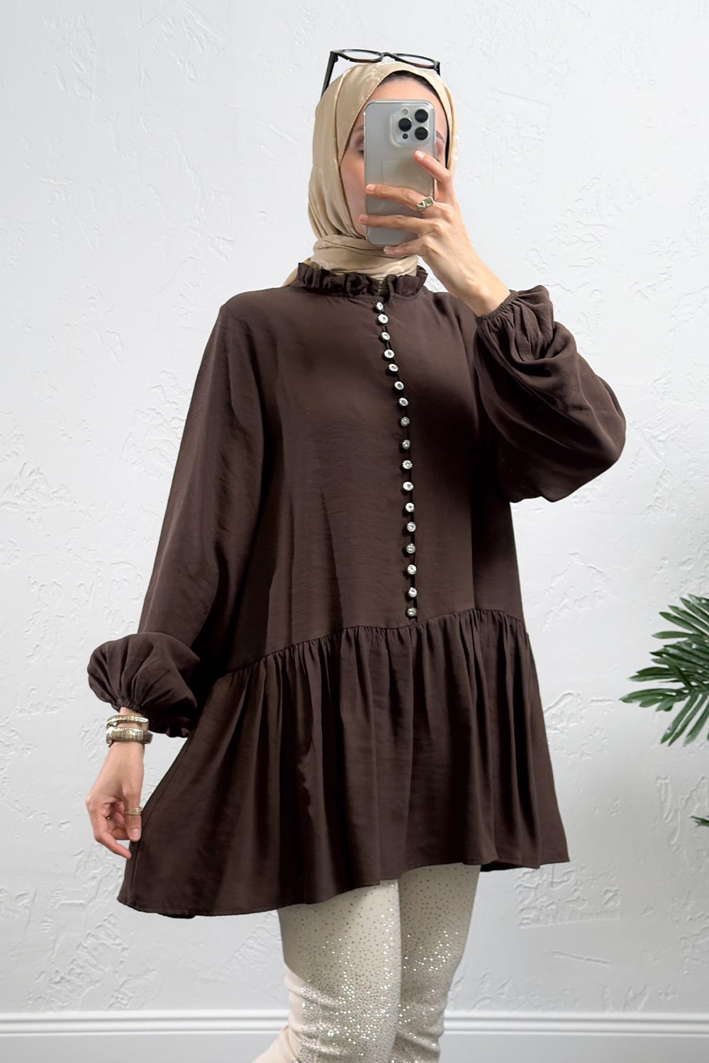 Brit Düğmeli Peplum Tunik Y0082 - Kahverengi