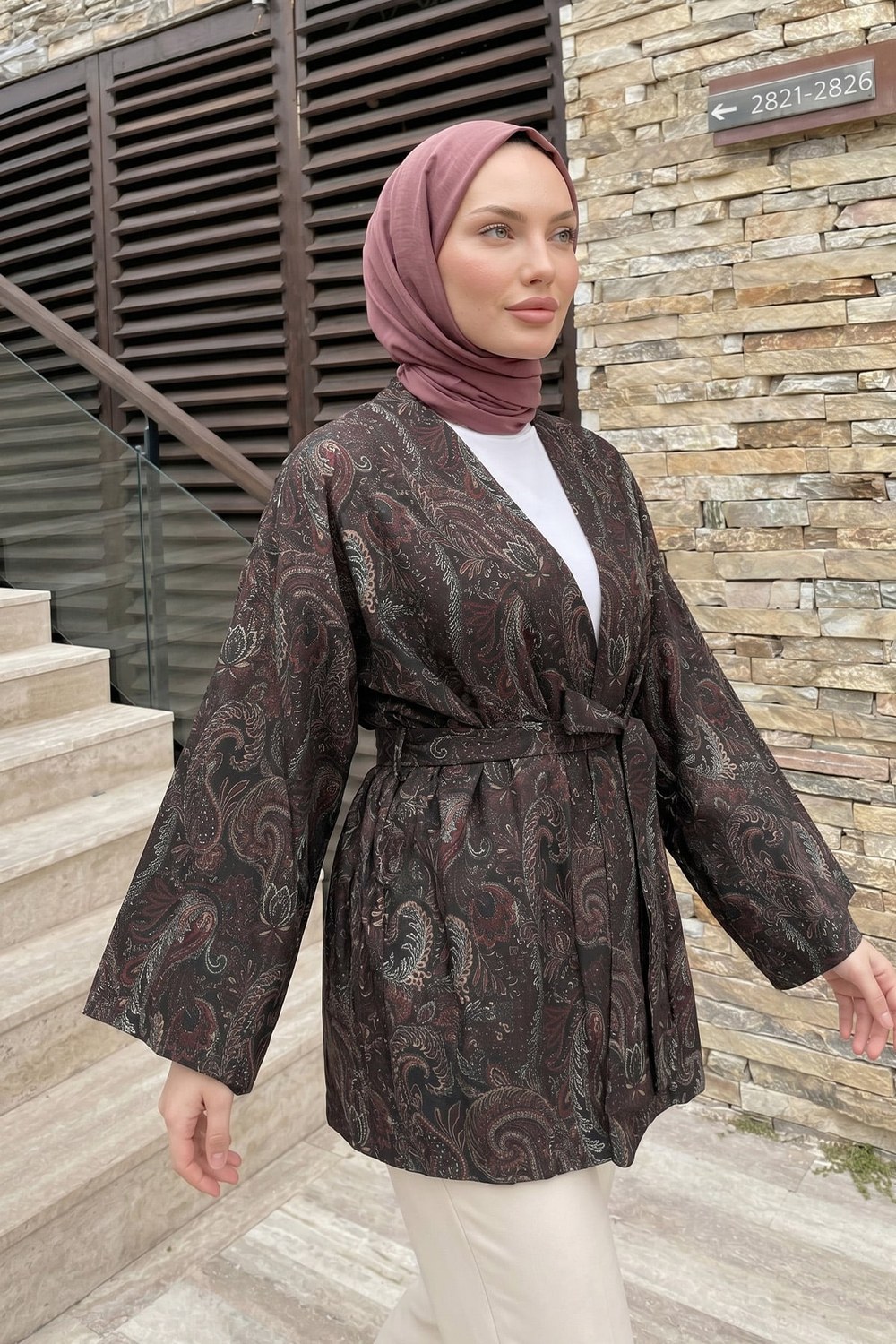 Şal Desen Kuşaklı Kimono 2375 - Acı Kahve