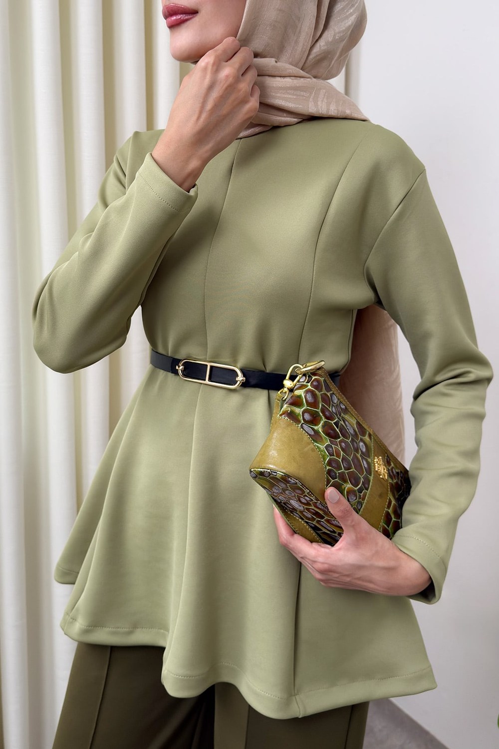 Kemerli Peplum Bluz 0040 - Açık Haki