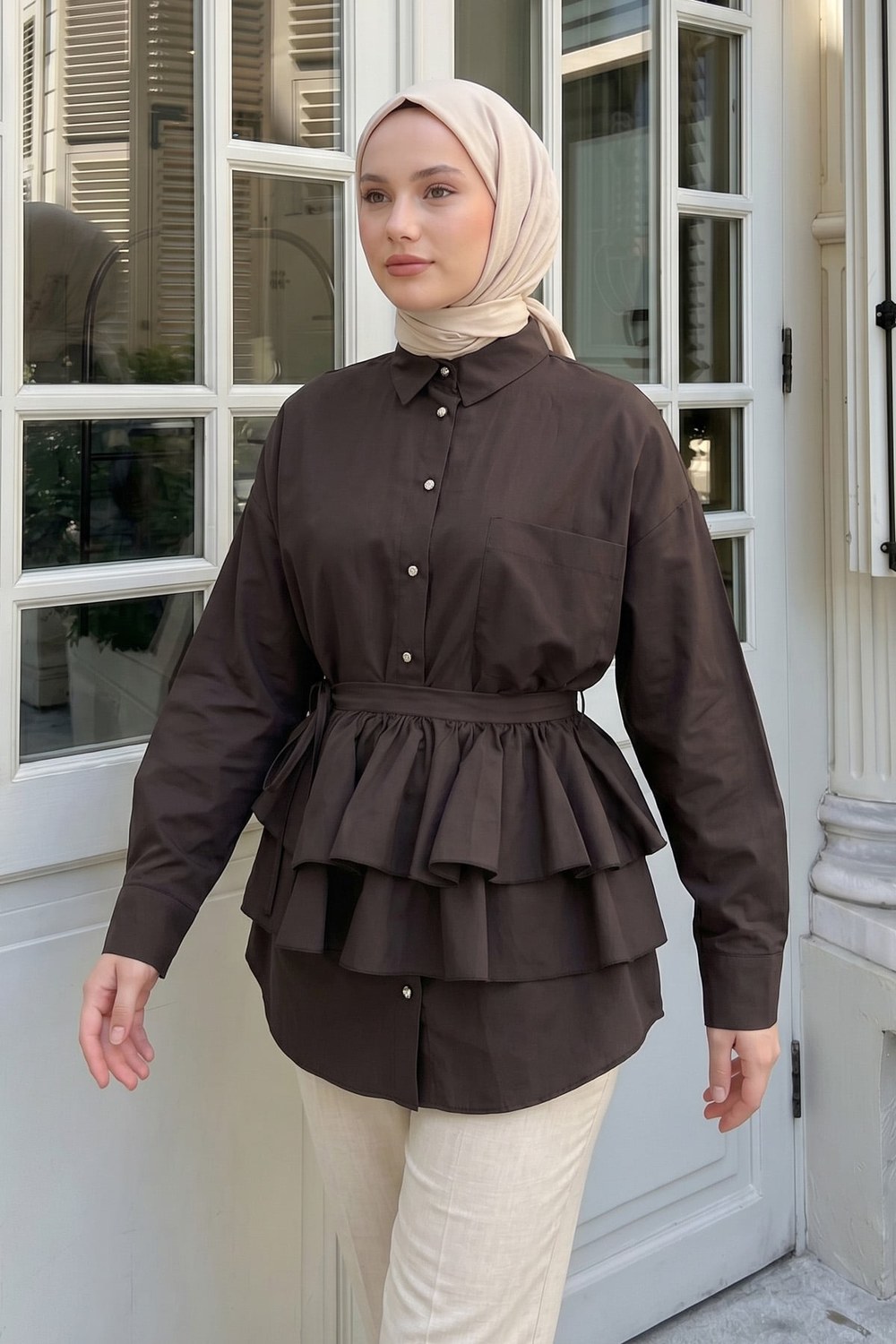 Aller Detaylı Tunik Y0123 - Kahverengi