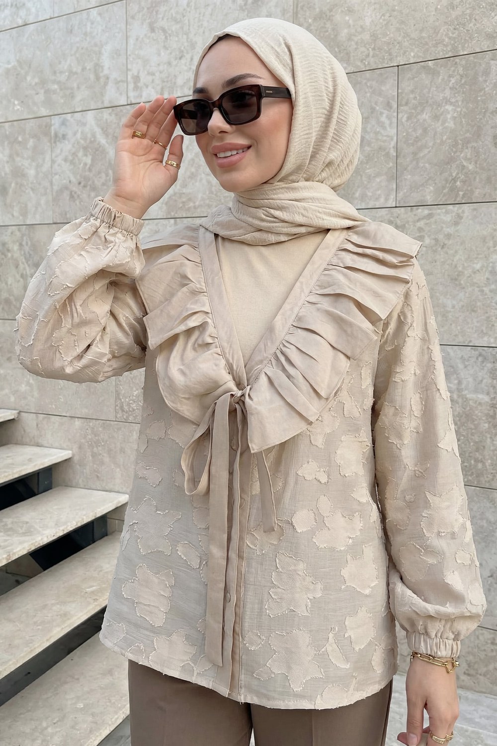 Fırfır Yakalı Kimono Y0110 - Taş