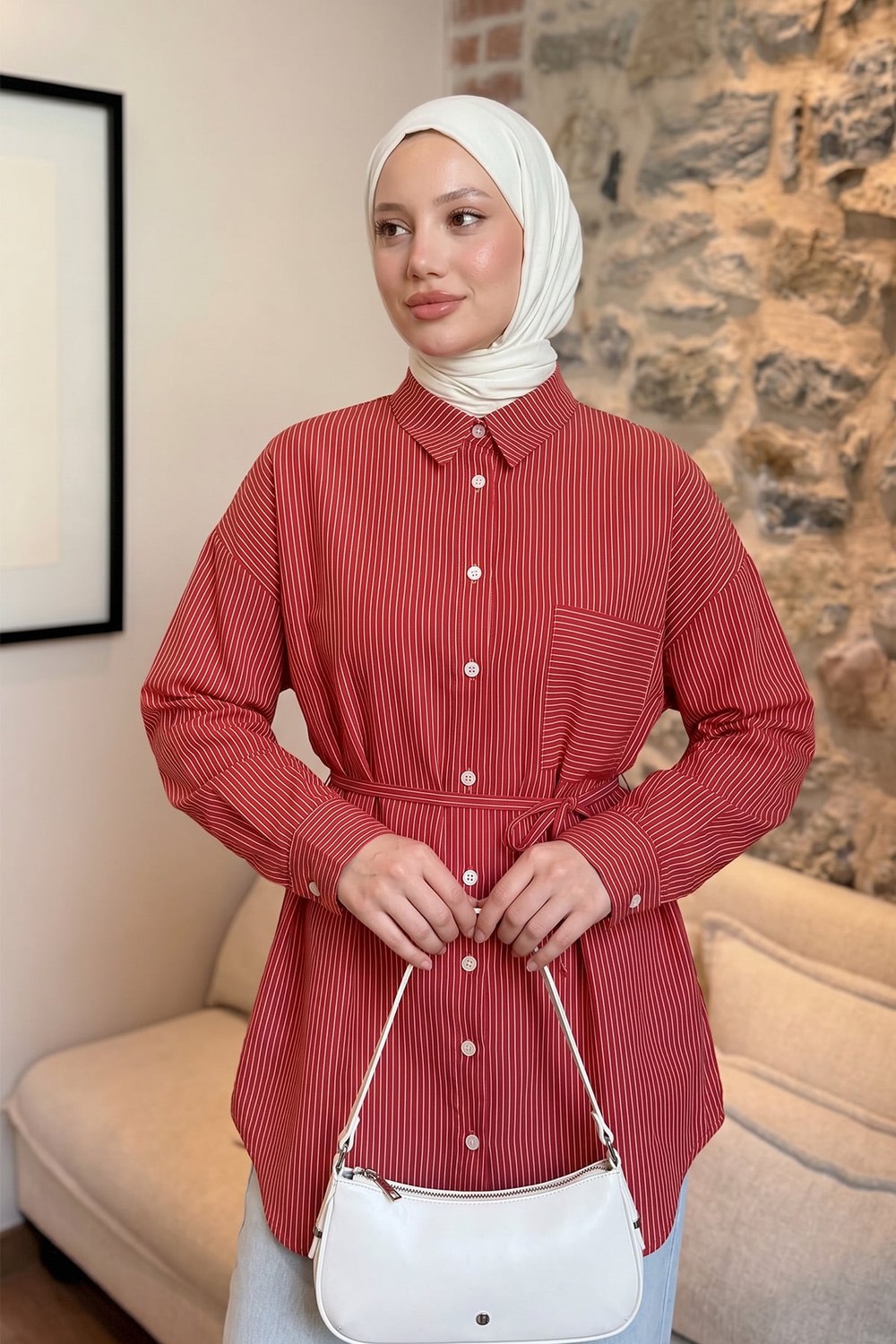 Modal Kumaş Çizgili Gömlek Y0139 - Nar Çiçeği