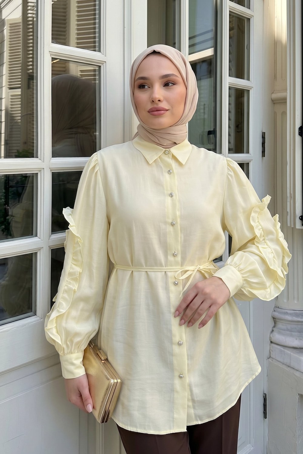 Fırfır Kol Detaylı Gömlek 0061 - Sarı