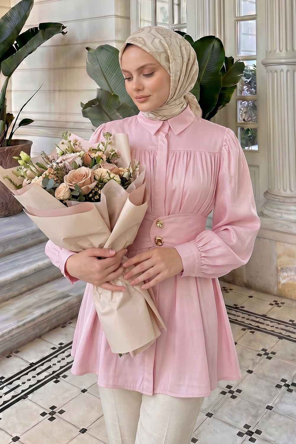 Geniş Kemerli Gömlek Y0134 - Pembe