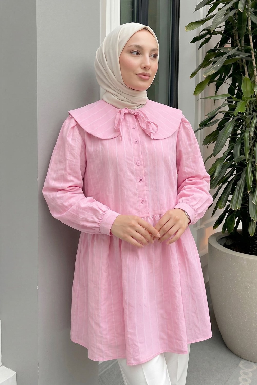 Geniş Yakalı Tunik Y0140 - Pembe