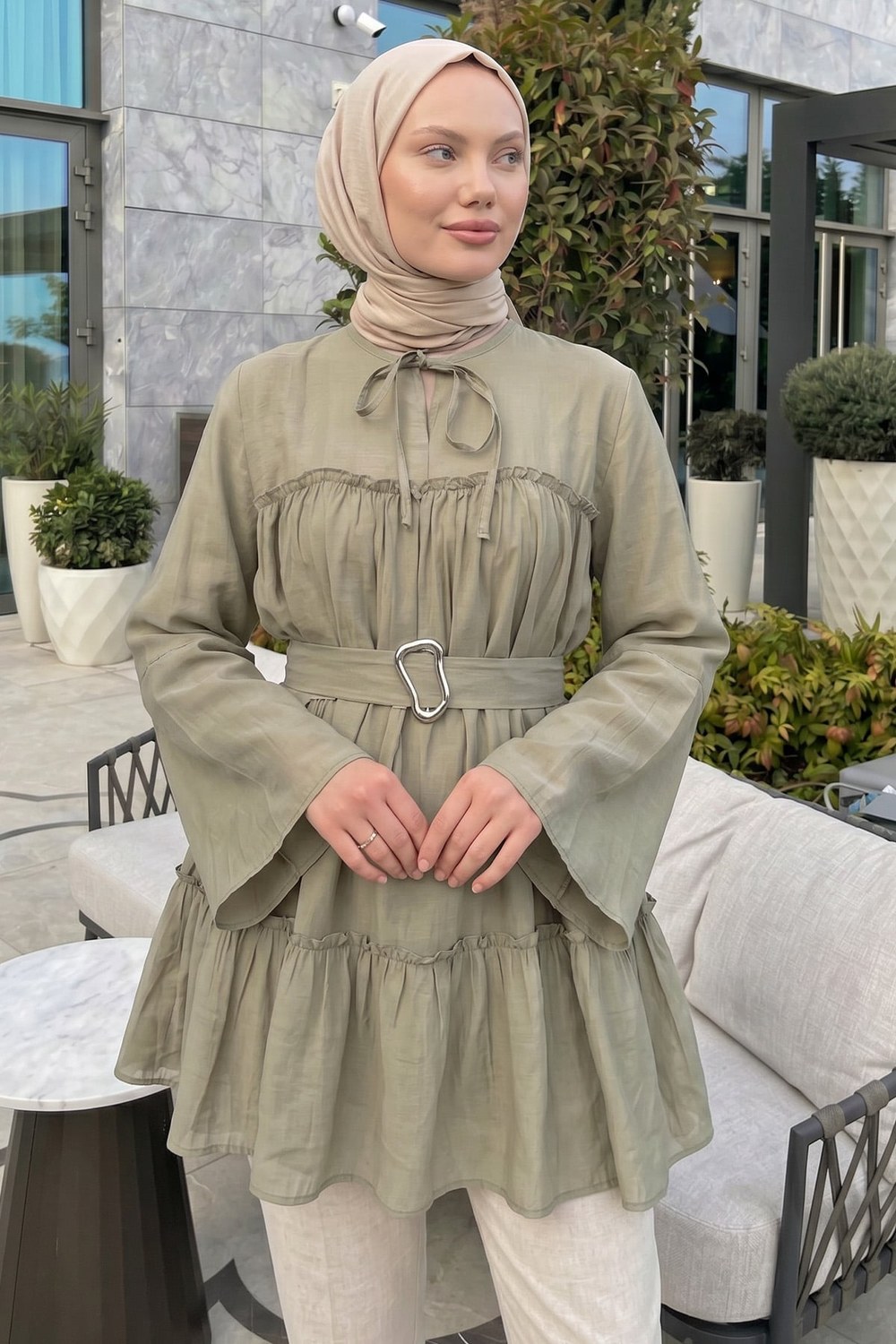 Toka Kemerli Tunik Y0135 - Açık Haki